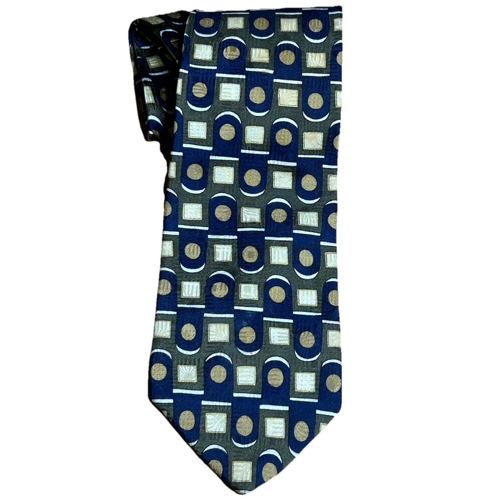 Vintage J. Riggins Silk Necktie Men's Blue Gold Geometric Abstract Art Deco USA